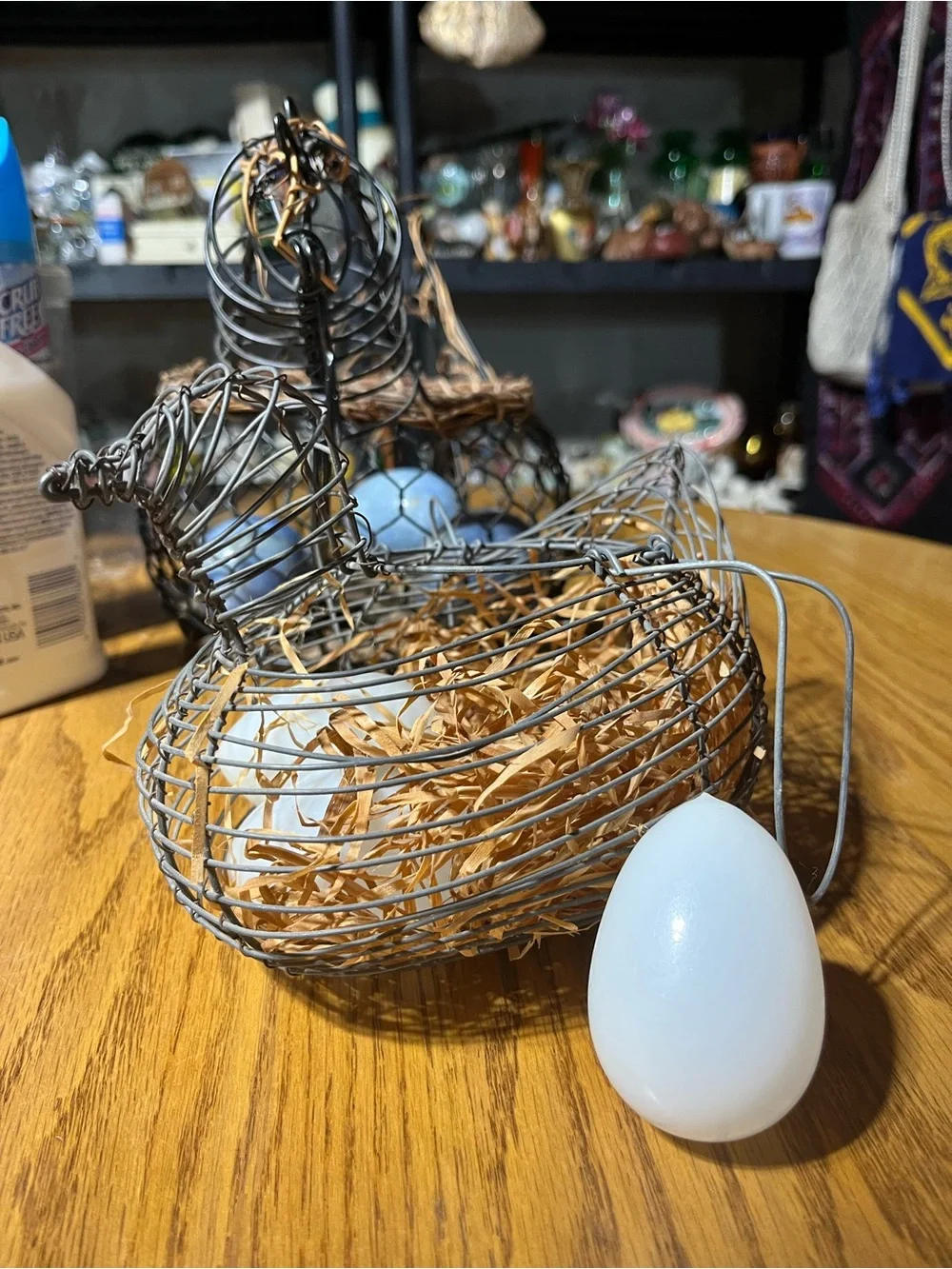 Wire Chicken Basket with Decorative White Glass Handblown Eggs